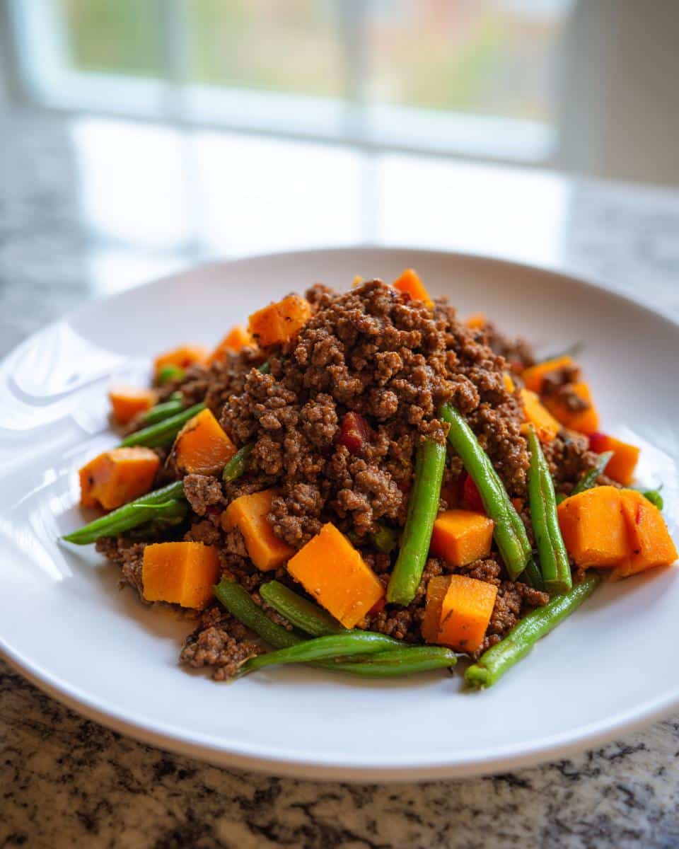 A serving of homemade Venison, Sweet Potato & Green Beans Dog Food on a white plate.