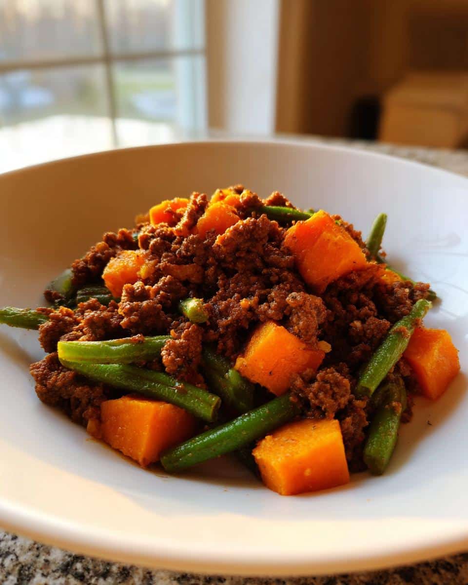 Close-up of homemade Venison, Sweet Potato & Green Beans Dog Food in a white bowl.