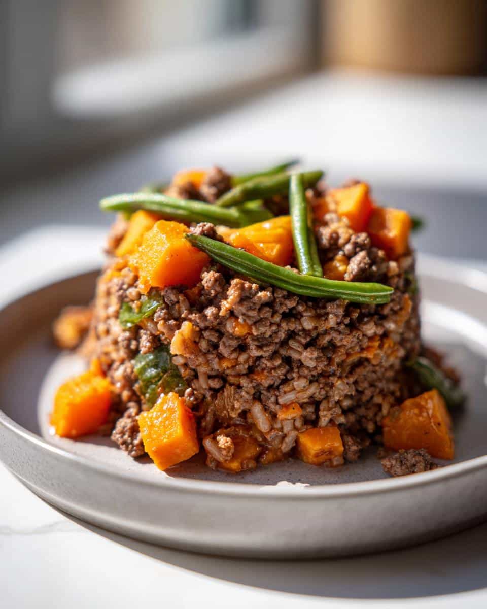 Portion of homemade Venison, Sweet Potato & Green Beans Dog Food served on a plate.