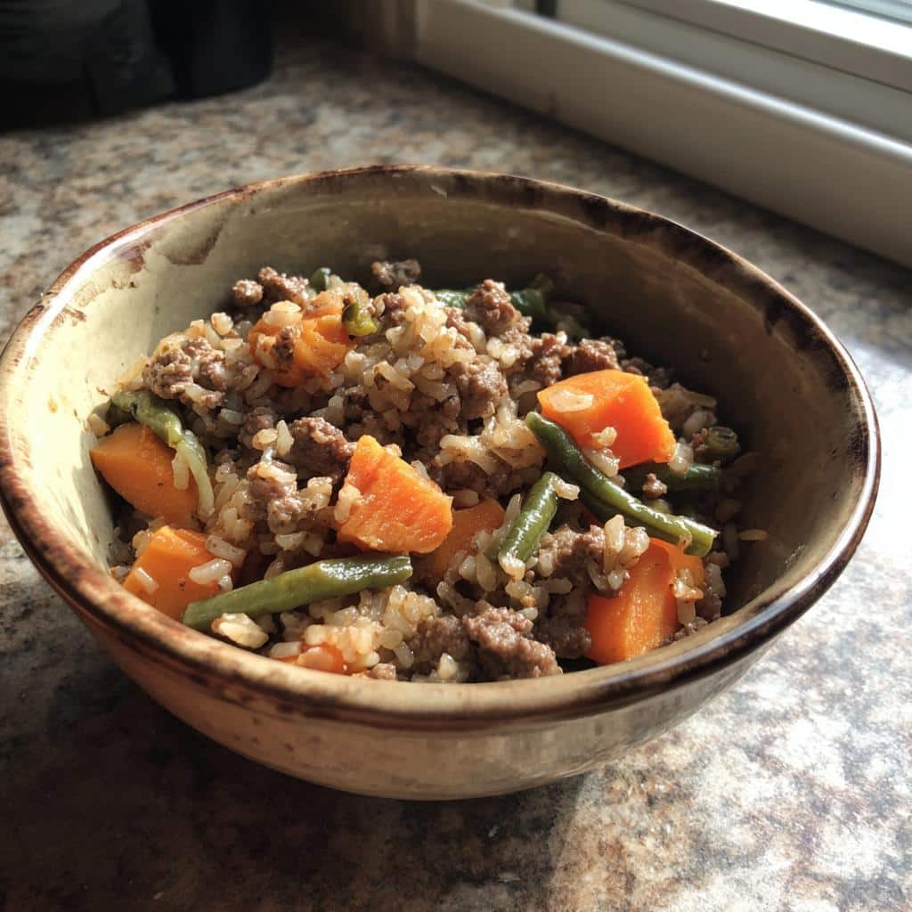 Close-up of a bowl containing homemade Venison & Turkey Dog Food Blend with rice, carrots, and green beans.