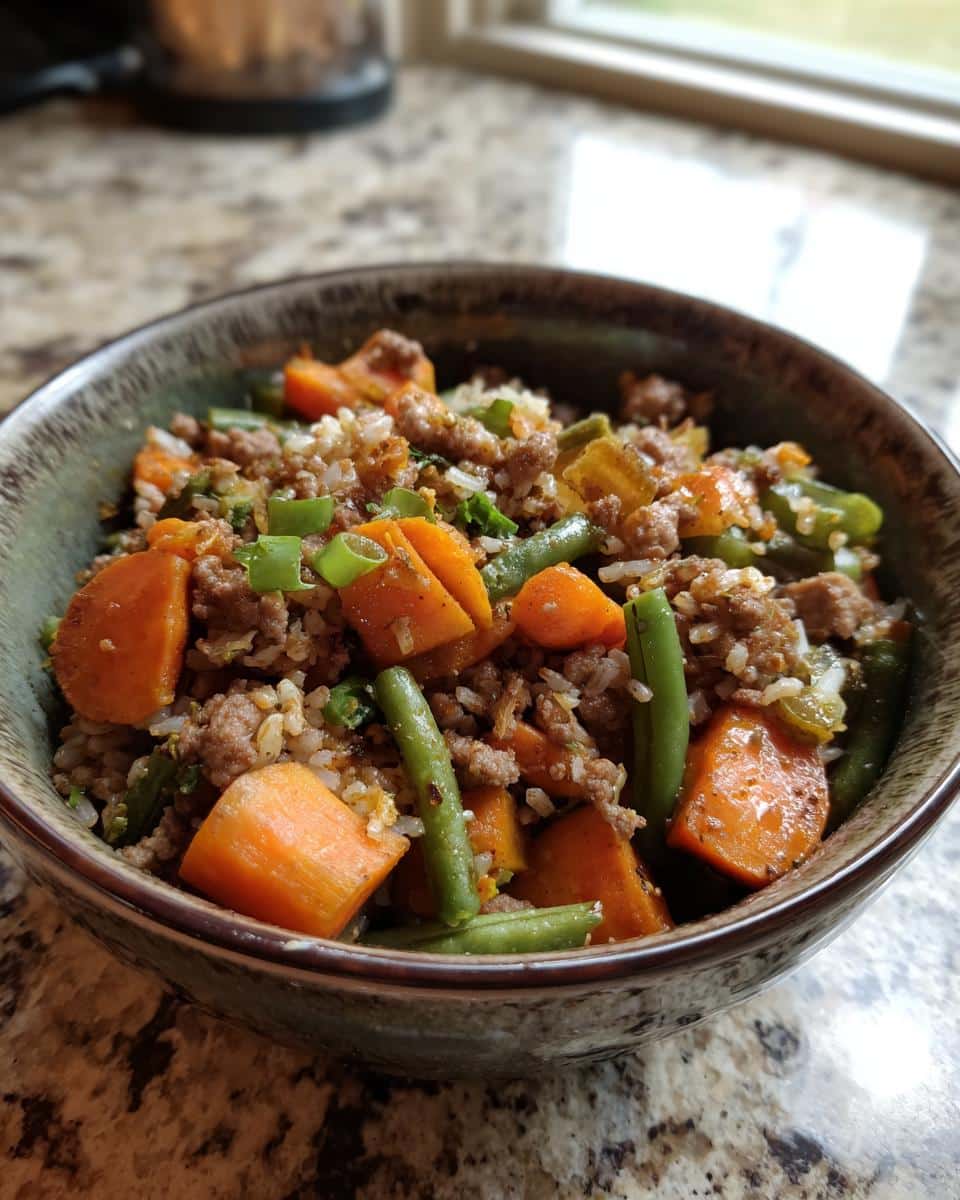 A close-up of a bowl containing a homemade Venison & Turkey Dog Food Blend with ground meat, rice, carrots, and green beans.