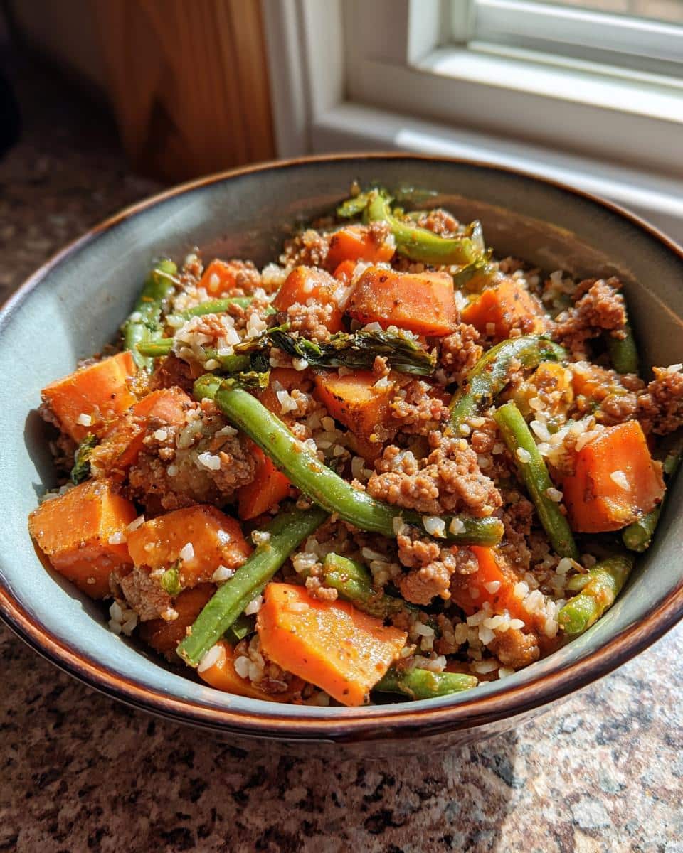Close-up of a bowl containing a homemade Venison & Turkey Dog Food Blend with ground meat, sweet potatoes, green beans, and rice.
