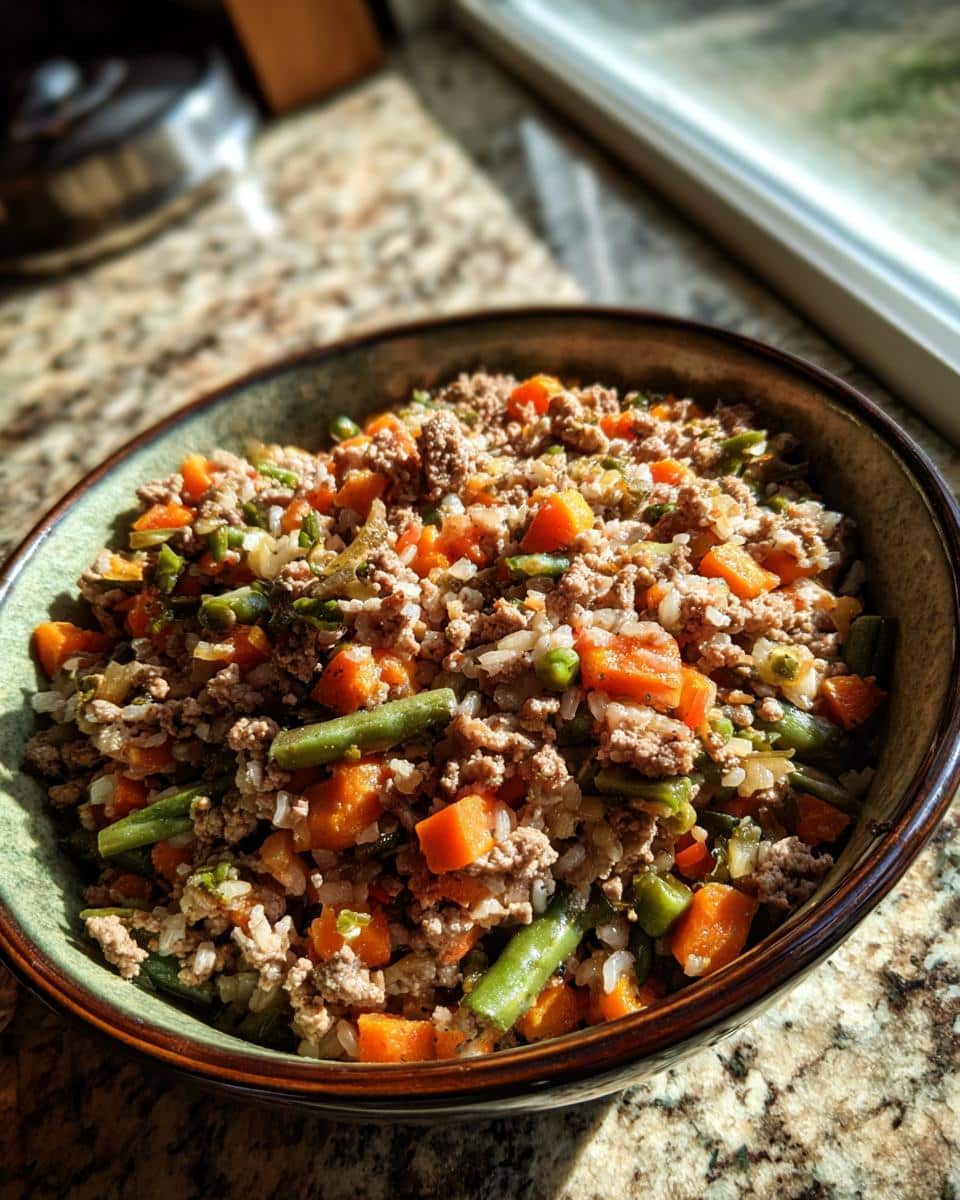 A bowl filled with a homemade Venison & Turkey Dog Food Blend featuring ground meat, carrots, green beans, and rice.