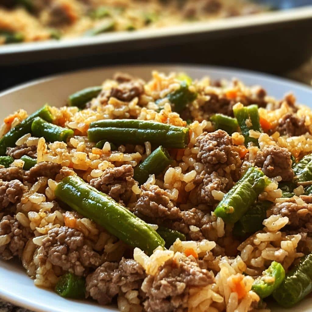 Close-up of Vet-Approved Beef, Brown Rice & Green Bean Dog Food mixture on a white plate.