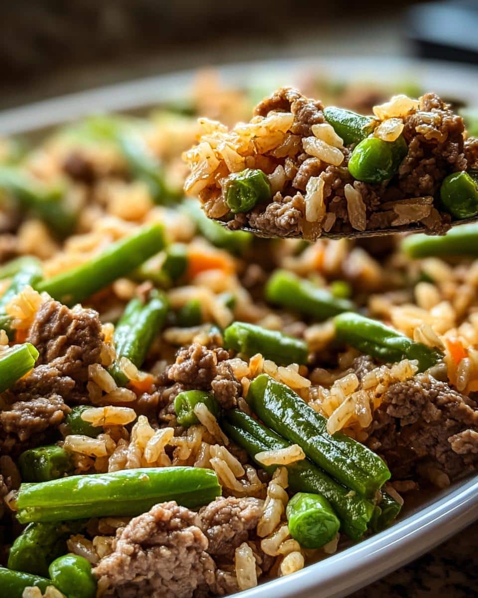 A spoonful of Vet-Approved Beef, Brown Rice & Green Bean Dog Food mixture being lifted from a white dish.