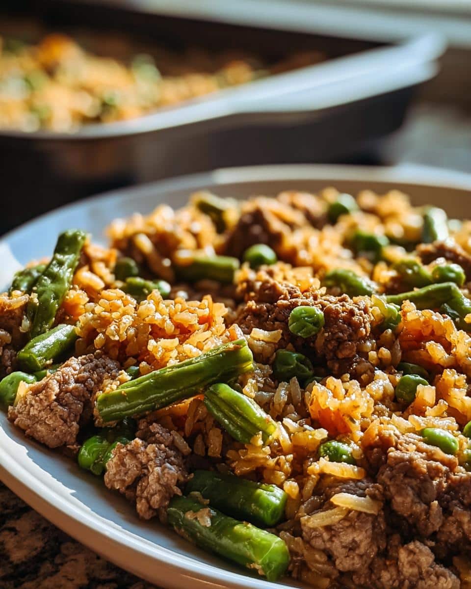 Close-up of Vet-Approved Beef, Brown Rice & Green Bean Dog Food mixture served on a white plate.