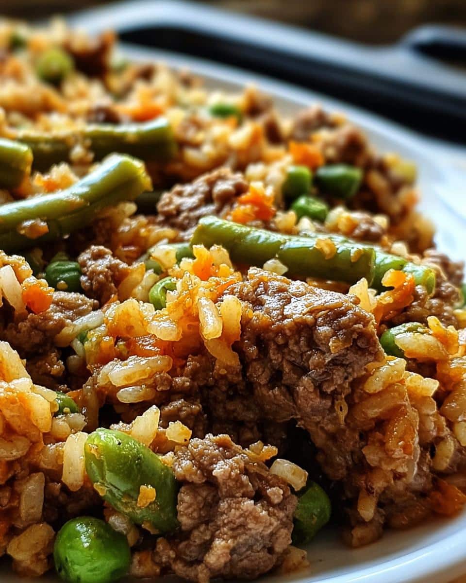 Close-up of homemade Vet-Approved Beef, Brown Rice & Green Bean Dog Food mixture on a white plate.