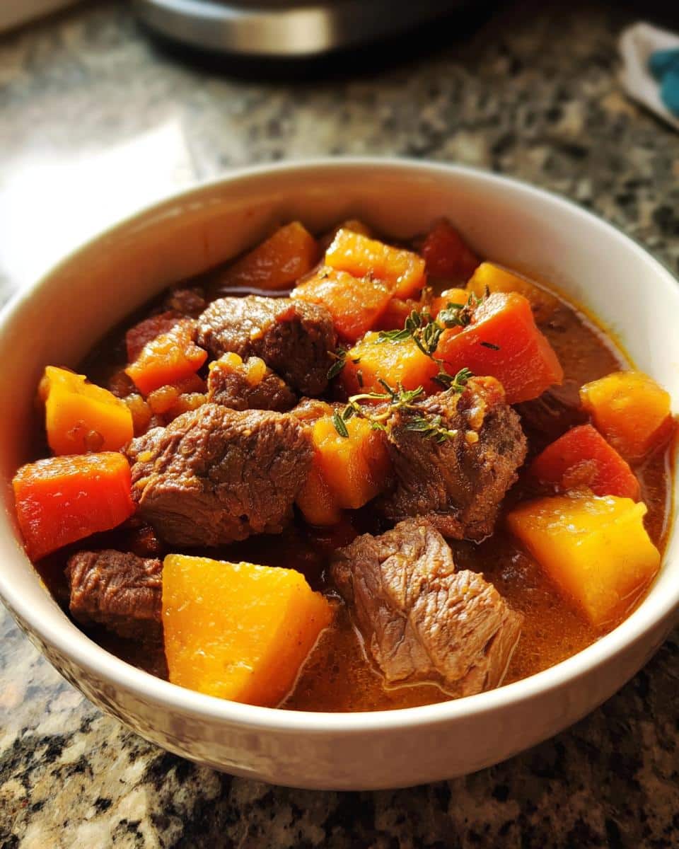 Close-up of Vet-Approved Beef, Oat & Sweet Potato Dog Food stew with chunks of beef and sweet potato in broth.