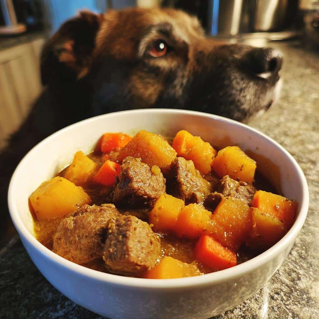 A bowl of Vet-Approved Beef, Oat & Sweet Potato Dog Food with a dog looking intently at it.