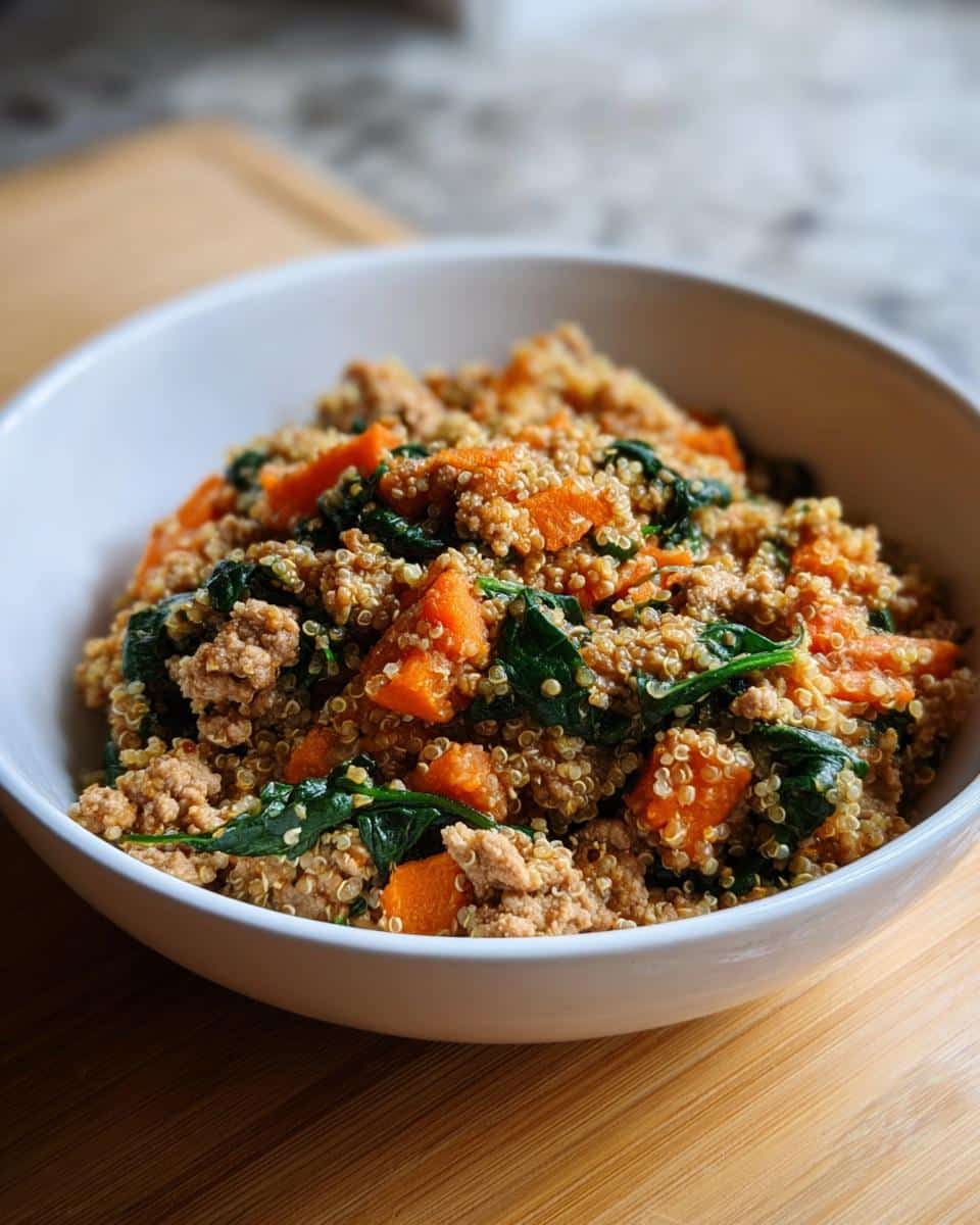 A white bowl filled with Vet-Approved Beef, Quinoa & Green Bean Dog Food mixture, showing ground beef, quinoa, sweet potato, and spinach.