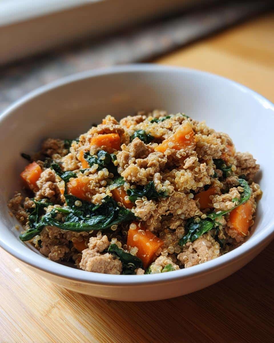 Close-up of Vet-Approved Beef, Quinoa & Green Bean Dog Food in a white bowl.