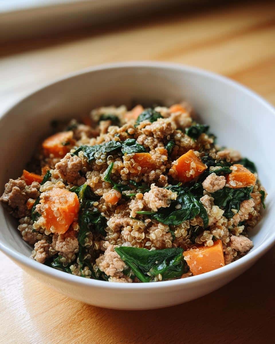 Close-up of Vet-Approved Beef, Quinoa & Green Bean Dog Food mixture in a white bowl.