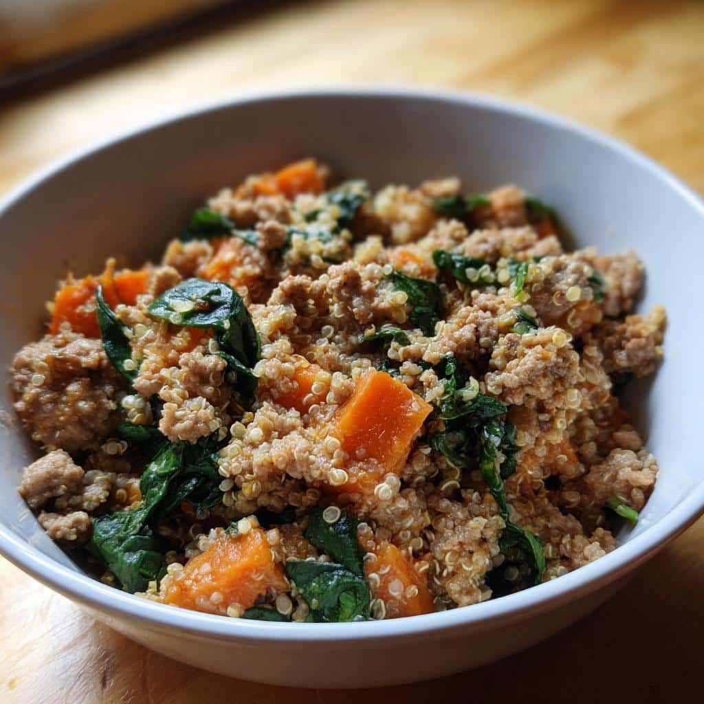 Close-up of Vet-Approved Beef, Quinoa & Green Bean Dog Food mixture in a white bowl.