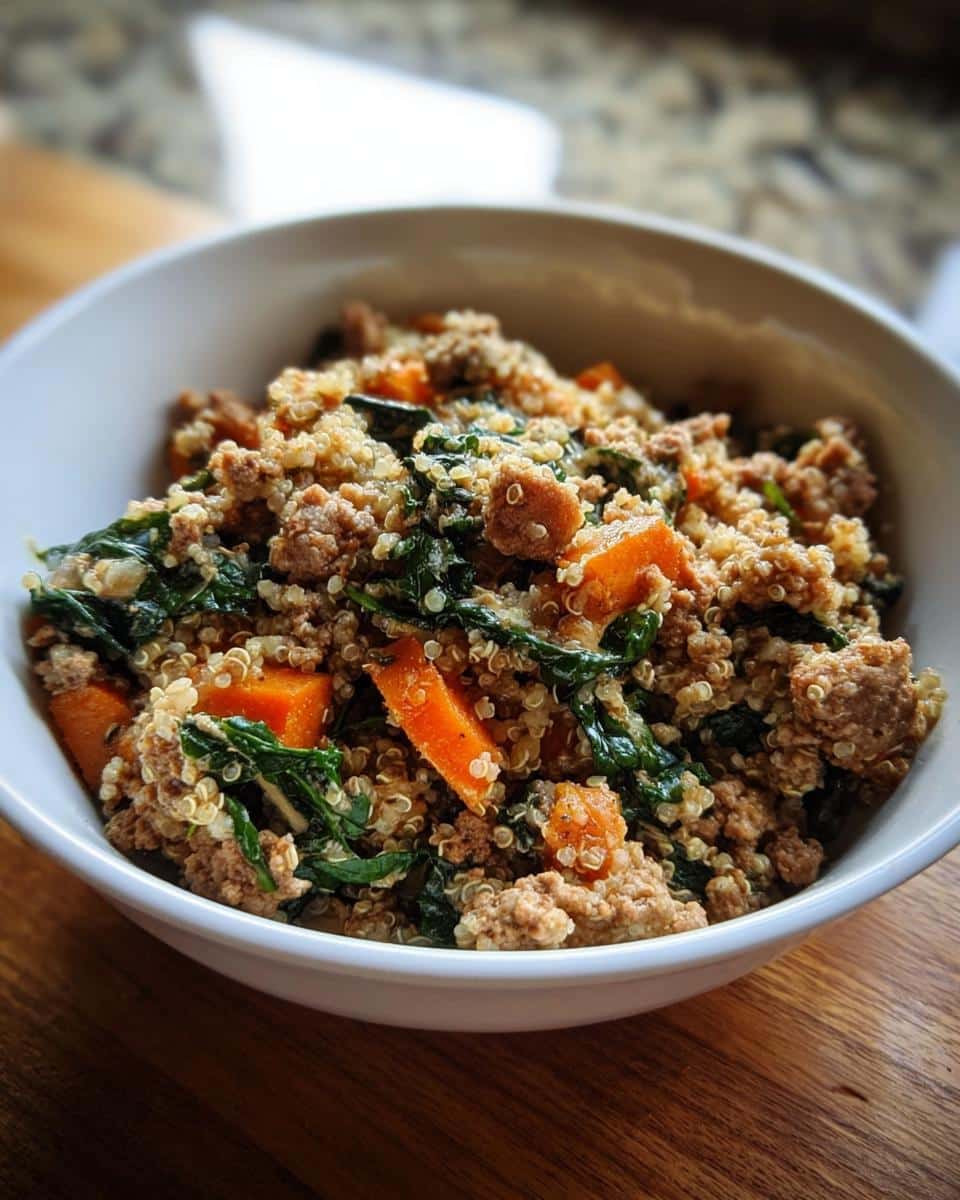 Close-up of Vet-Approved Beef, Quinoa & Green Bean Dog Food in a white bowl.