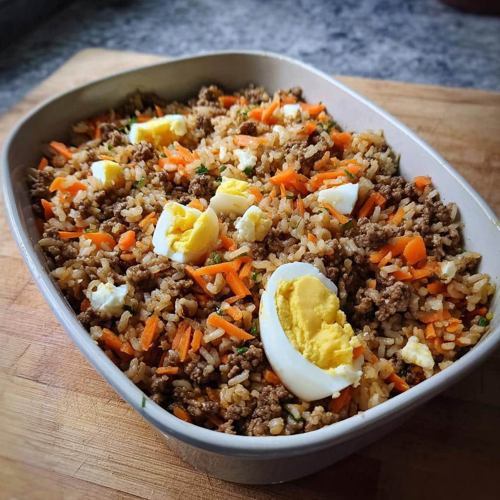 Close-up of Vet-Approved Beef, Rice & Pumpkin Dog Food mixed with carrots and topped with hard-boiled egg slices.