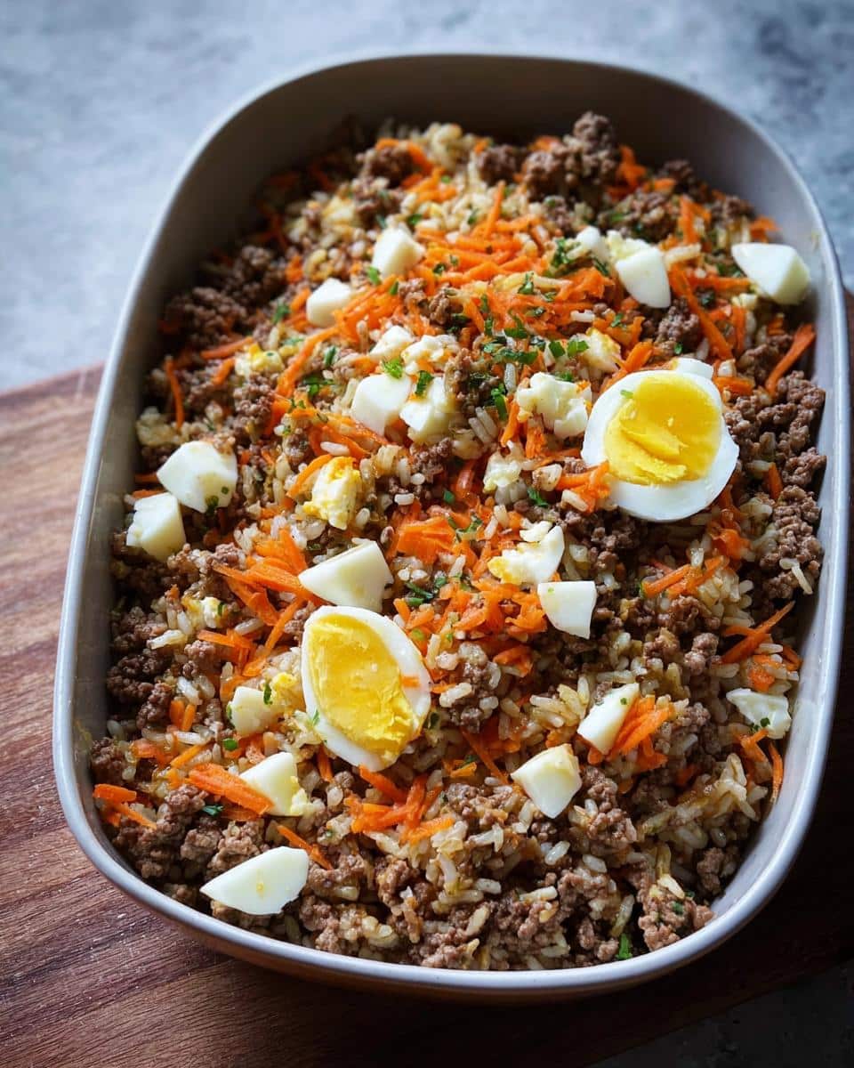 A dish of Vet-Approved Beef, Rice & Pumpkin Dog Food, featuring ground beef, rice, shredded carrots, and hard-boiled egg.