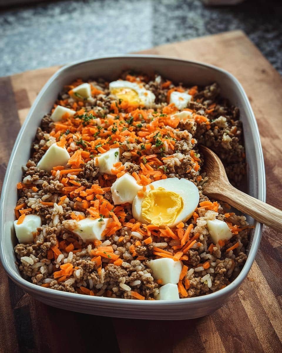 A dish of Vet-Approved Beef, Rice & Pumpkin Dog Food, topped with shredded carrots and hard-boiled egg slices.