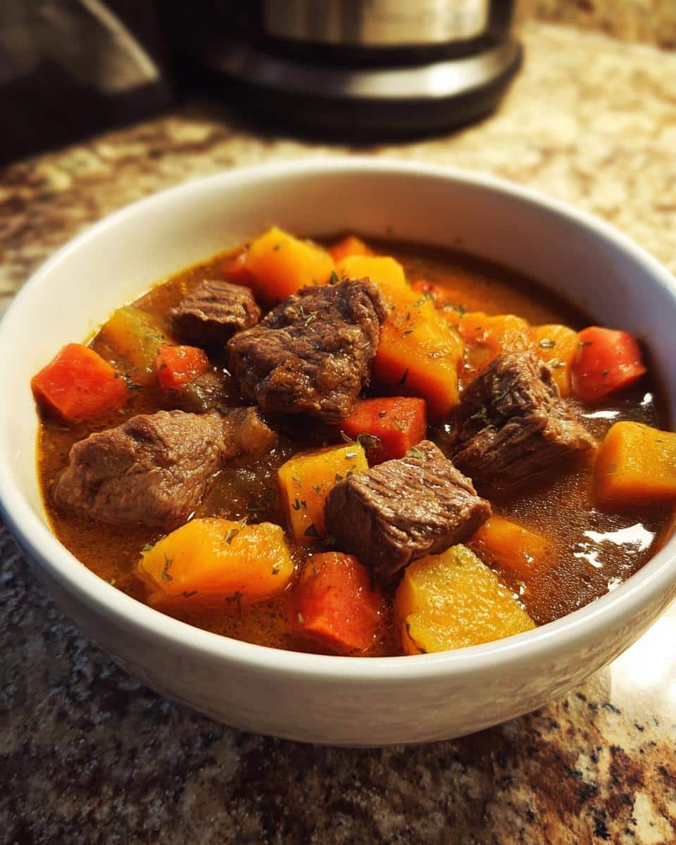 Close-up of a bowl of Vet-Approved Beef, Oat & Sweet Potato Dog Food stew with chunks of beef and orange vegetables.
