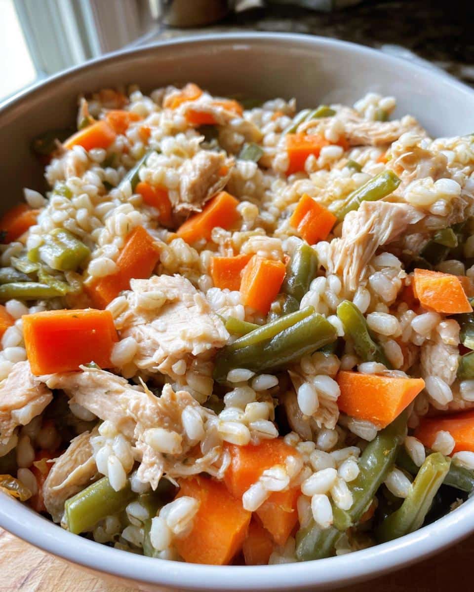 Close-up of Vet-Approved Chicken, Barley & Carrot Dog Food mix in a white bowl.