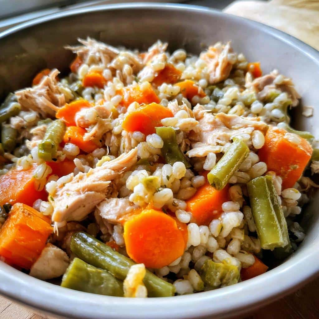 Close-up of Vet-Approved Chicken, Barley & Carrot Dog Food mixture in a bowl.