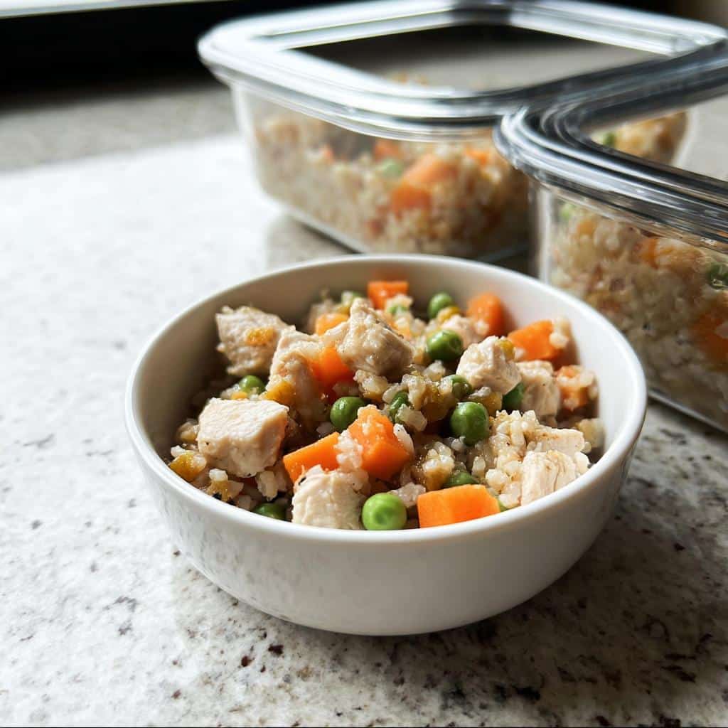 A white bowl filled with Vet-Approved Chicken & Brown Rice Dog Food, featuring diced chicken, carrots, and peas.