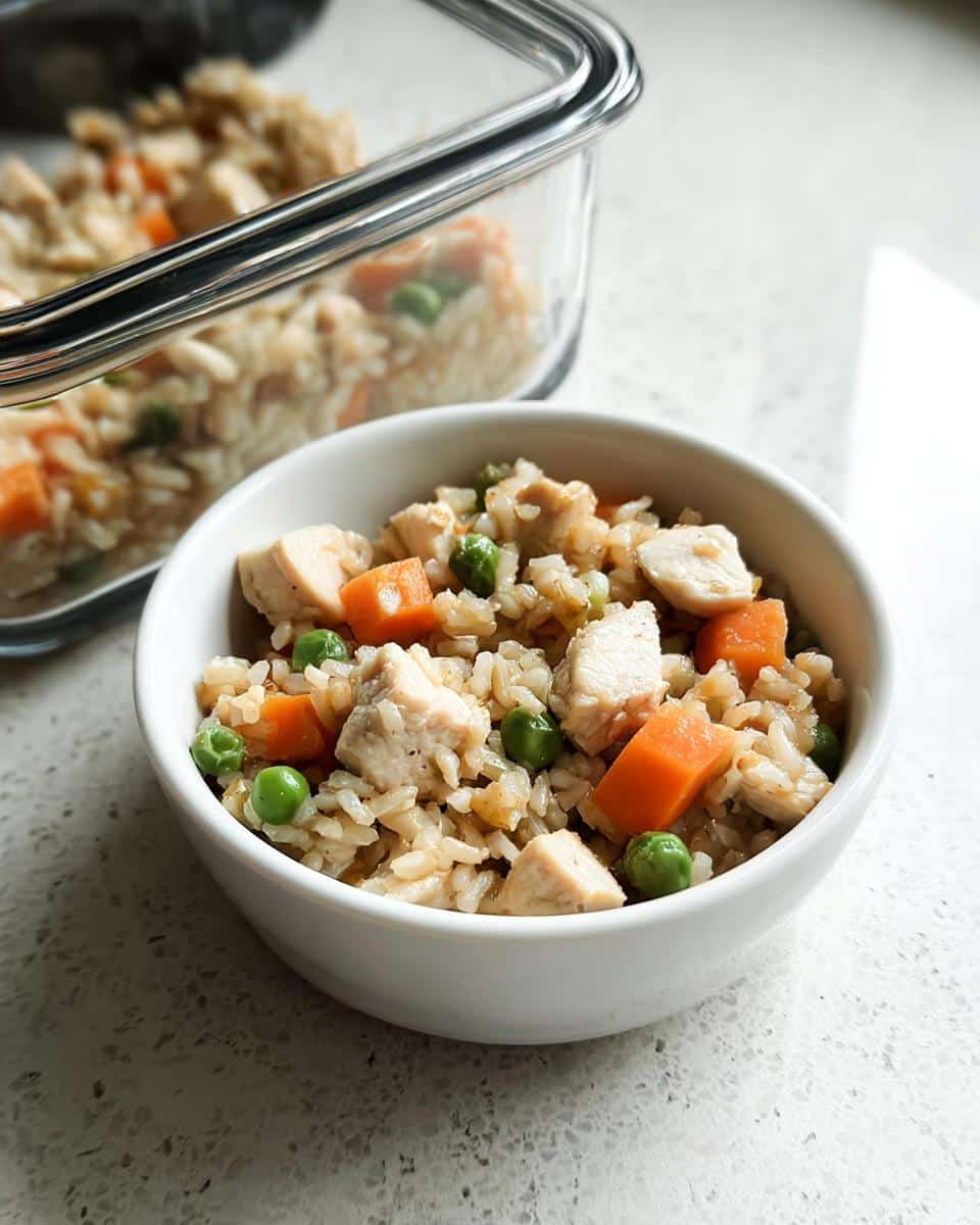A white bowl filled with Vet-Approved Chicken & Brown Rice Dog Food, featuring diced chicken, brown rice, peas, and carrots.