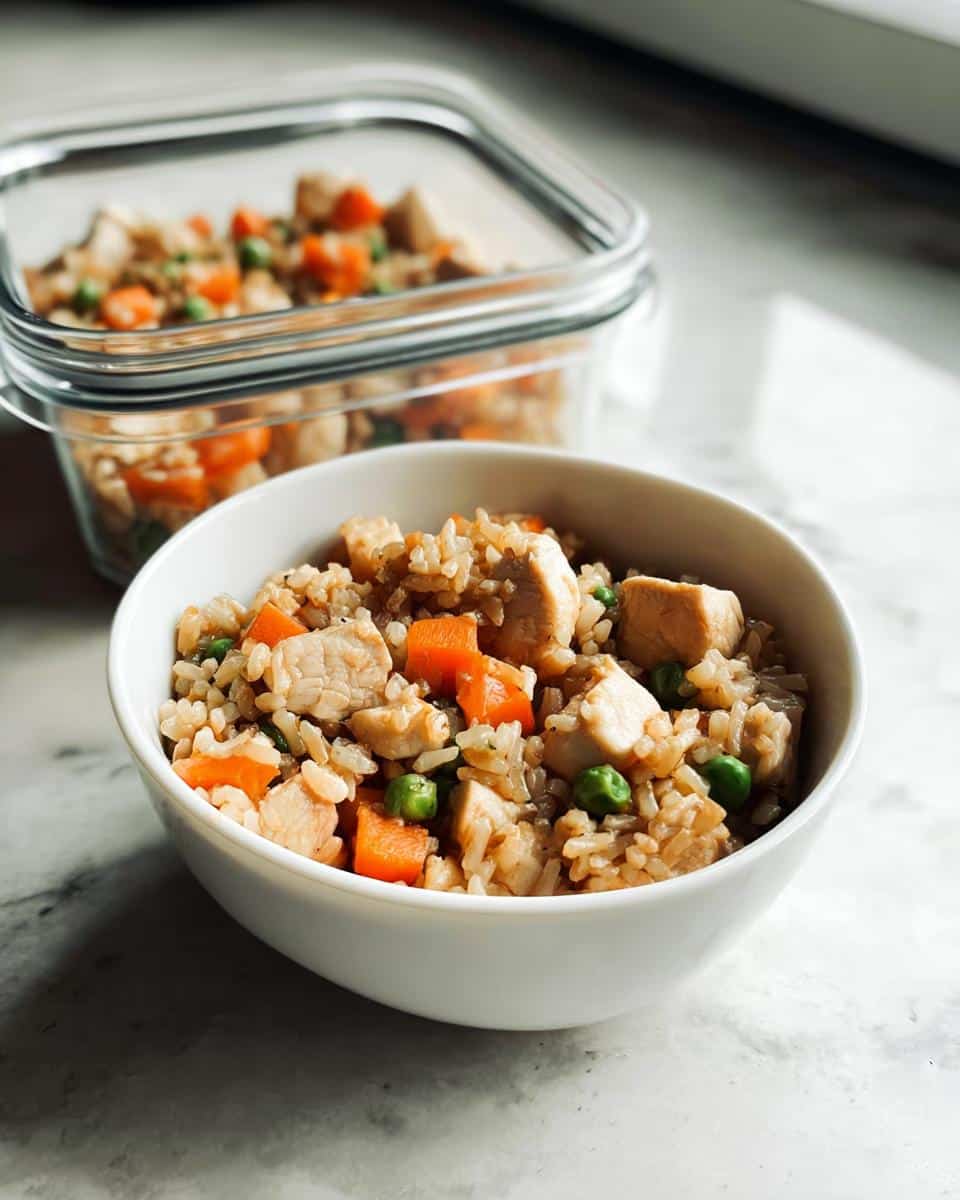 A white bowl filled with Vet-Approved Chicken & Brown Rice Dog Food, showing chunks of chicken, carrots, and peas mixed with rice.
