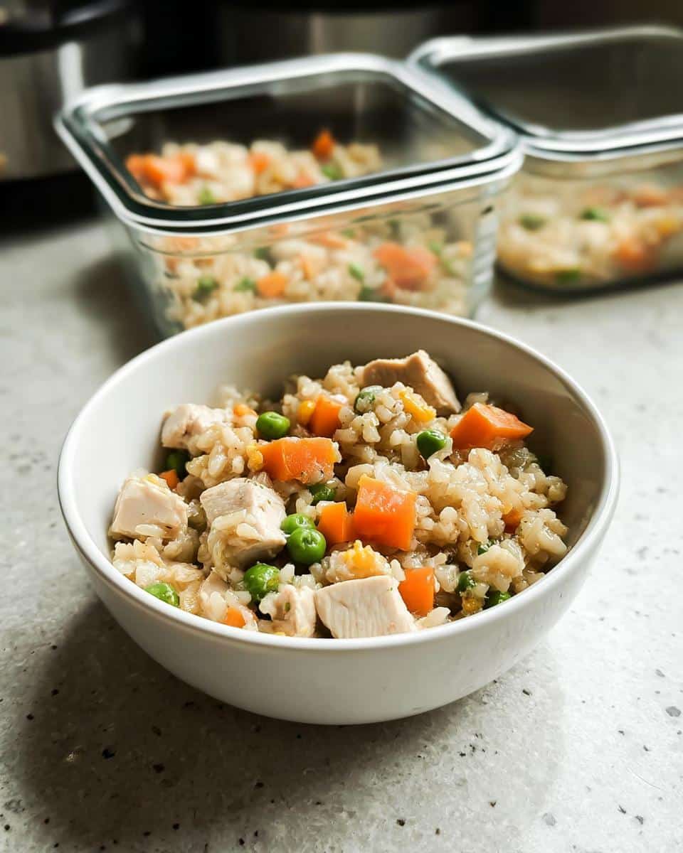 A white bowl filled with Vet-Approved Chicken & Brown Rice Dog Food, featuring chunks of chicken, carrots, and peas.