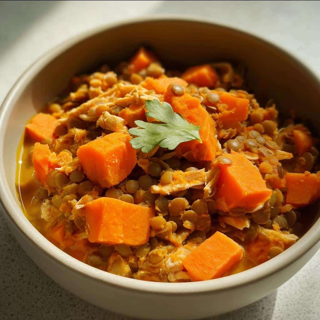 Close-up of Vet-Approved Chicken, Lentil & Carrot Dog Food featuring shredded chicken, green lentils, and bright orange carrot chunks.