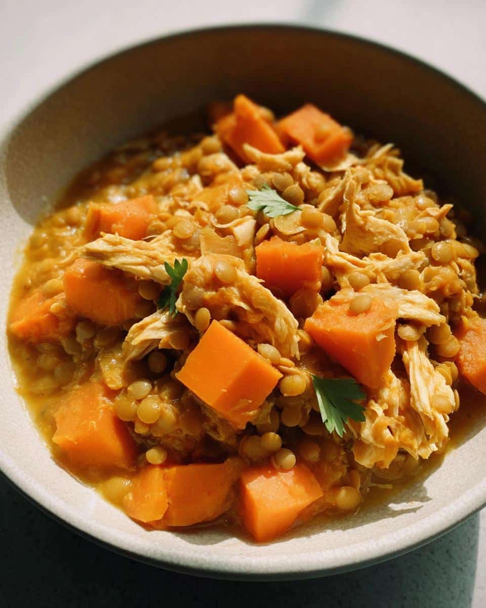 Close-up of Vet-Approved Chicken, Lentil & Carrot Dog Food featuring shredded chicken, orange sweet potato chunks, and lentils in a bowl.
