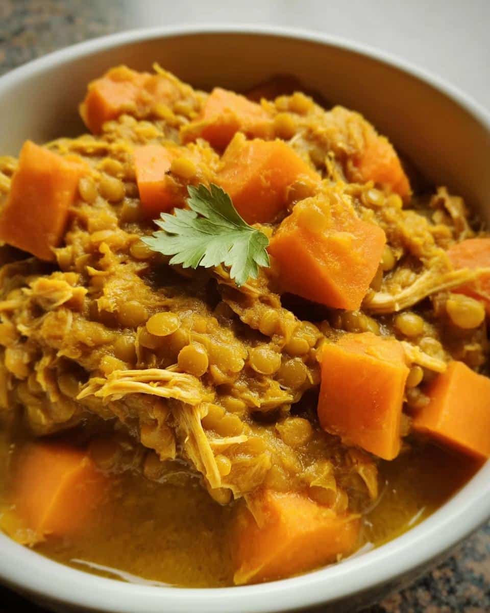 Close-up of Vet-Approved Chicken, Lentil & Carrot Dog Food mixture with shredded chicken, green lentils, and diced orange carrots in a white bowl.