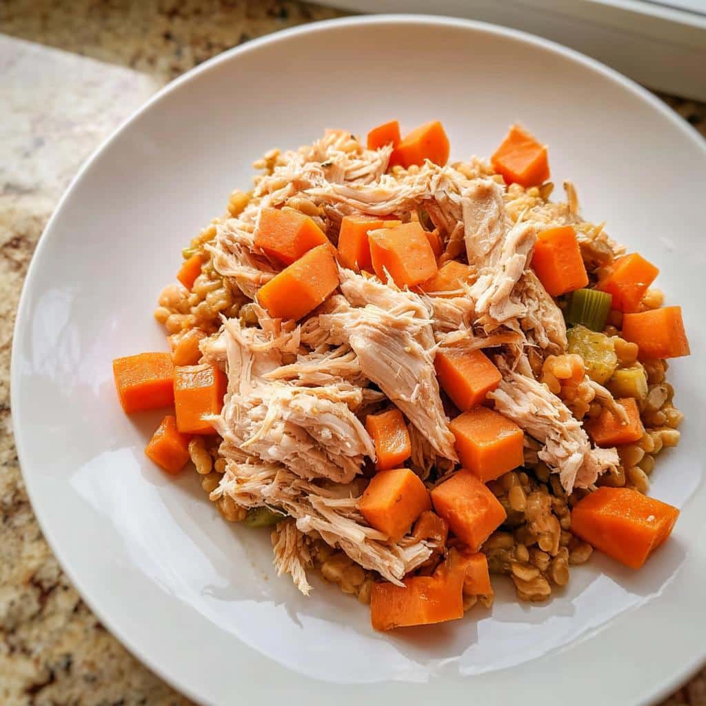 A white bowl filled with Vet-Approved Chicken, Potato & Green Bean Dog Food, featuring shredded chicken and diced orange sweet potatoes over grains.