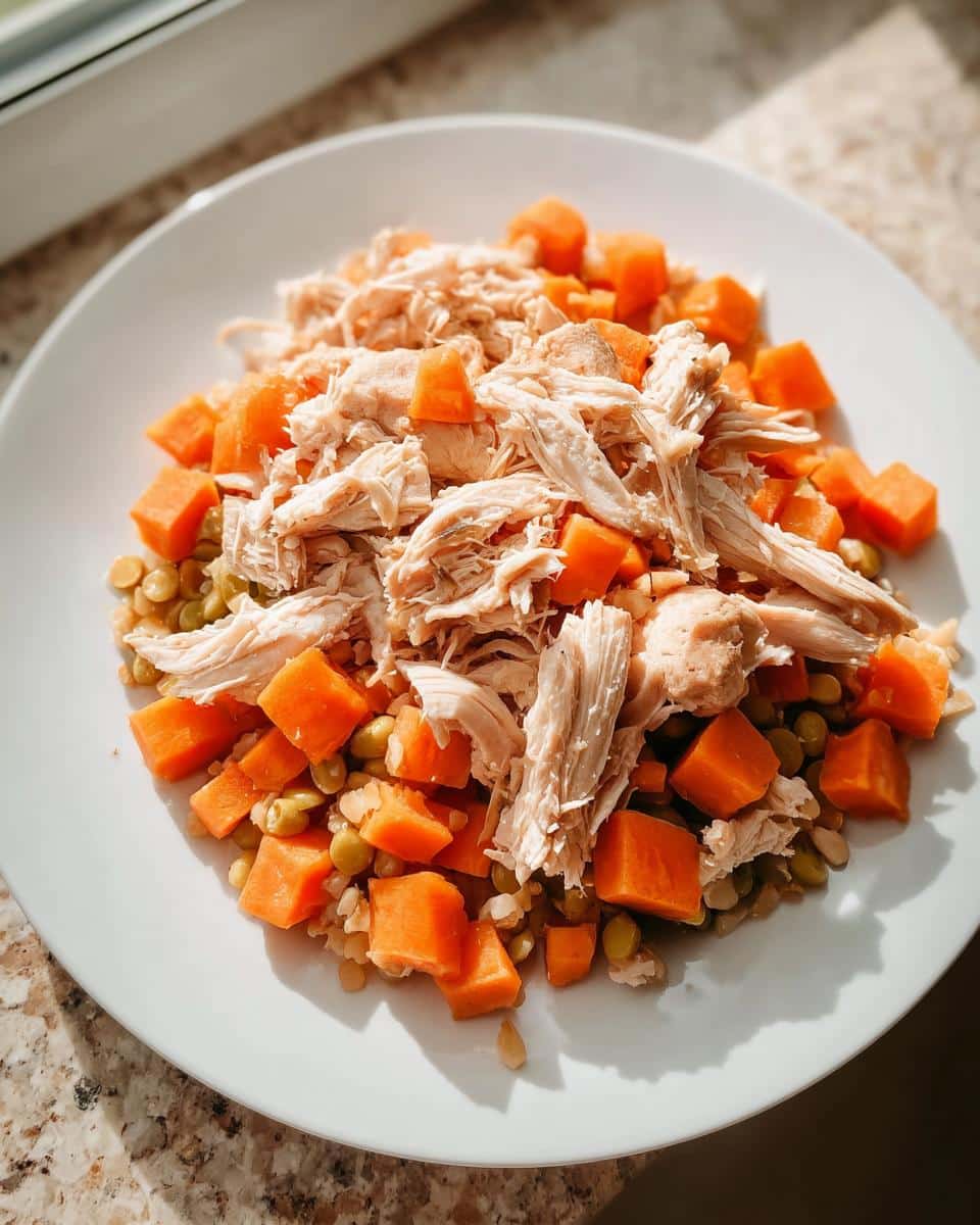 A white plate showing a serving of Vet-Approved Chicken, Potato & Green Bean Dog Food, featuring shredded chicken, diced sweet potatoes, and green beans.