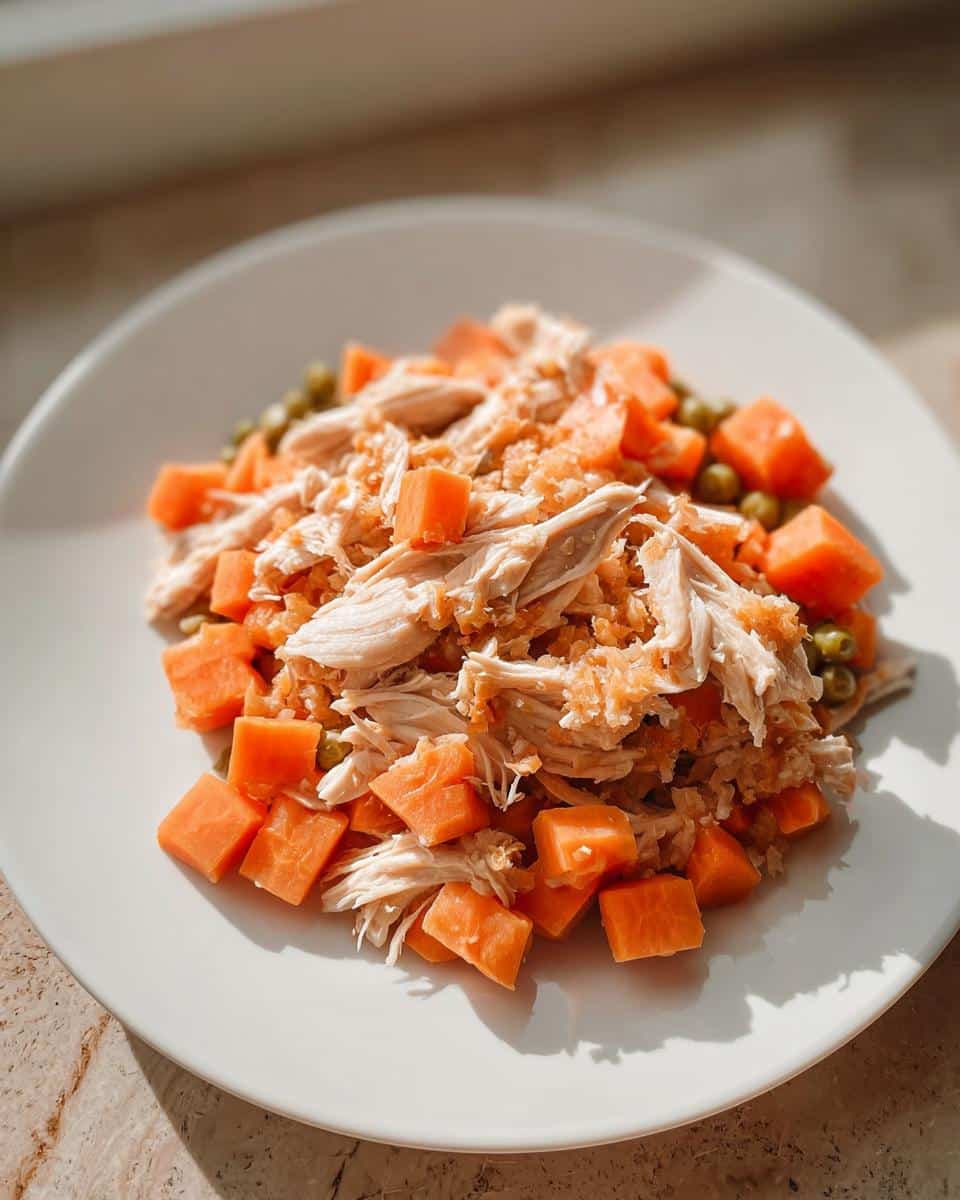 A white plate featuring Vet-Approved Chicken, Potato & Green Bean Dog Food mix with shredded chicken, diced sweet potatoes, and peas.