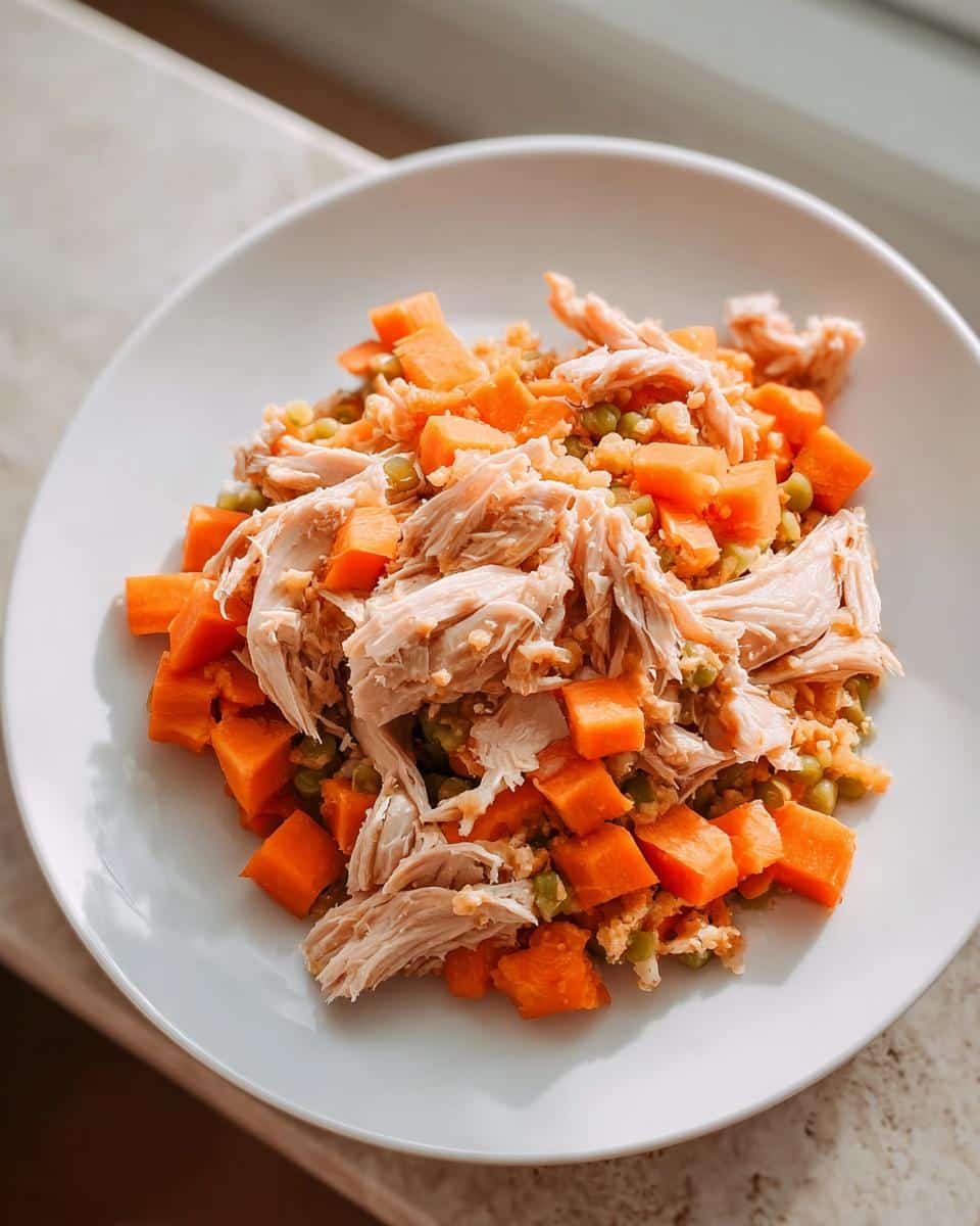 A white bowl filled with Vet-Approved Chicken, Potato & Green Bean Dog Food, featuring shredded chicken, diced sweet potatoes, and peas.