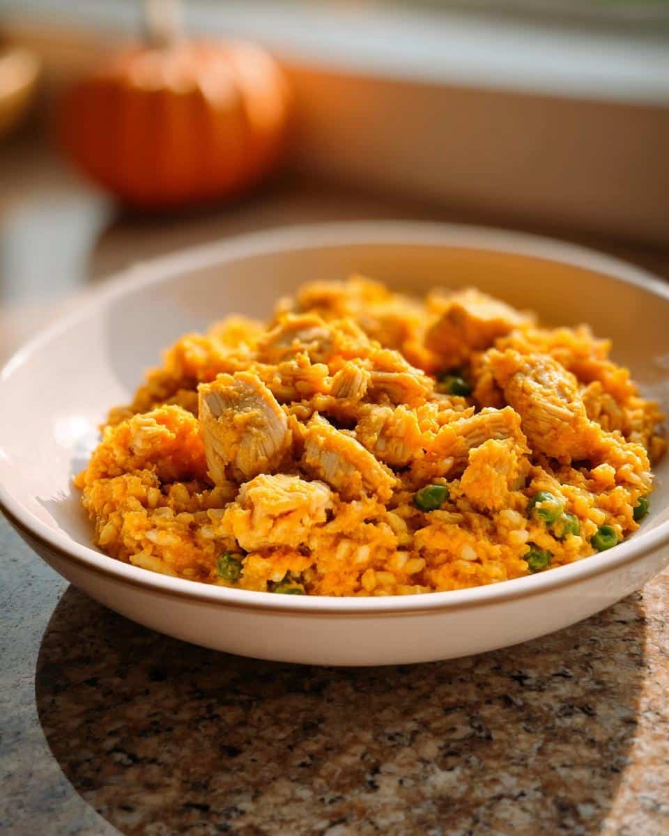 Close-up of homemade Vet-Approved Chicken, Pumpkin & Oat Dog Food in a white bowl.