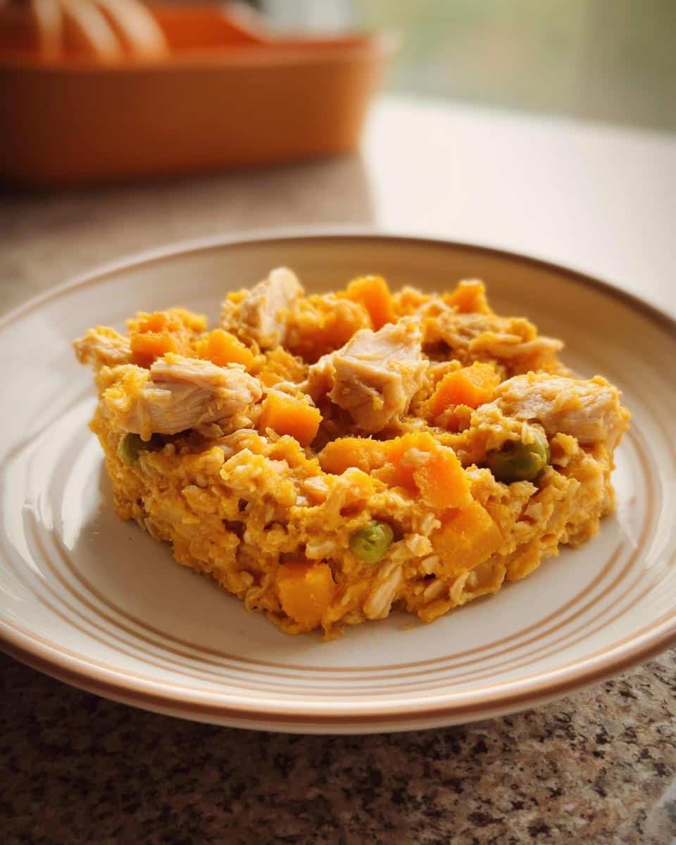 A square portion of Vet-Approved Chicken, Pumpkin & Oat Dog Food mix on a light plate, featuring chicken chunks and orange pumpkin.