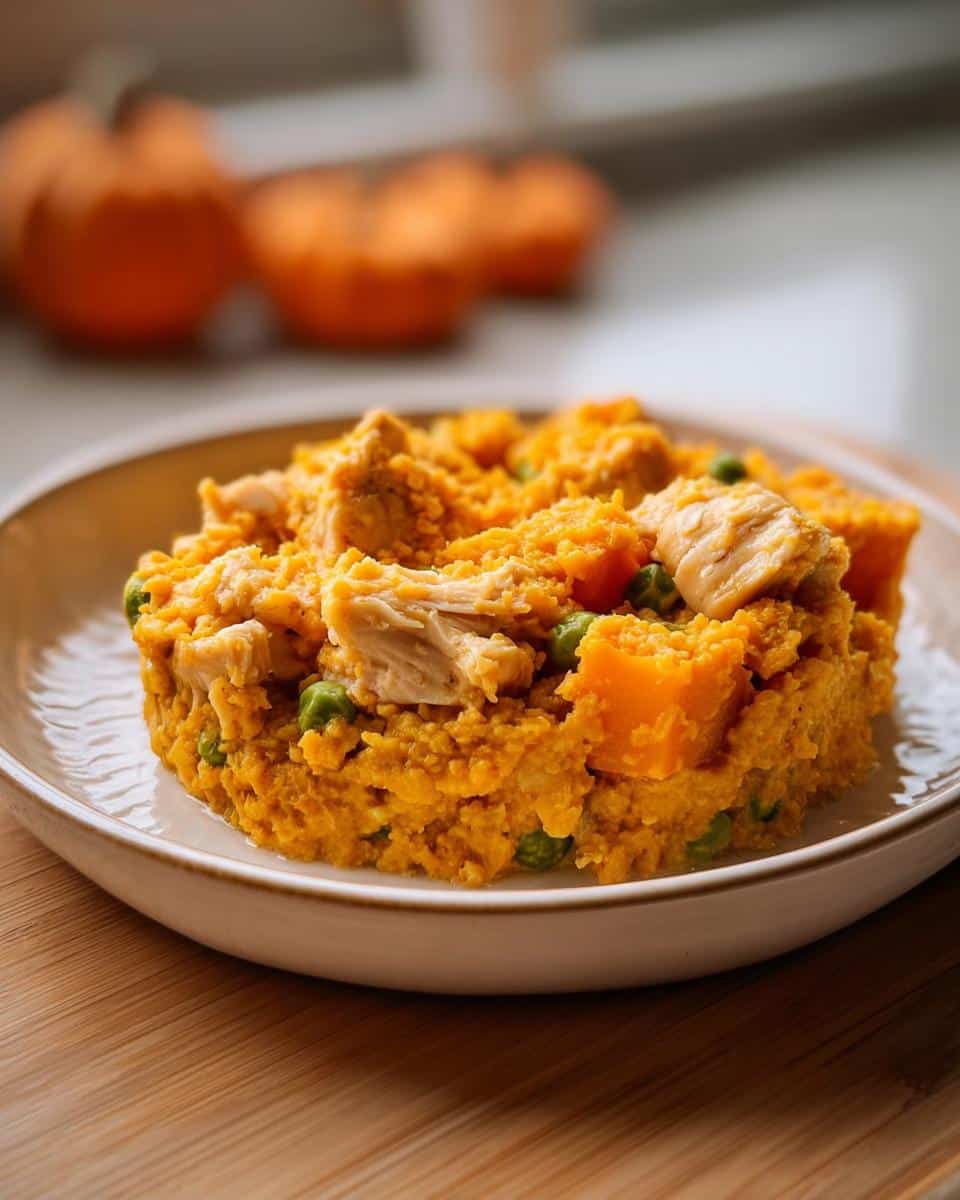 Portion of Vet-Approved Chicken, Pumpkin & Oat Dog Food featuring shredded chicken, mashed pumpkin, and green peas.