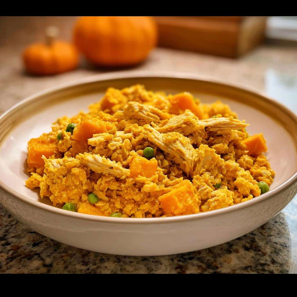 A bowl of Vet-Approved Chicken, Pumpkin & Oat Dog Food with shredded chicken, orange pumpkin chunks, and green peas.