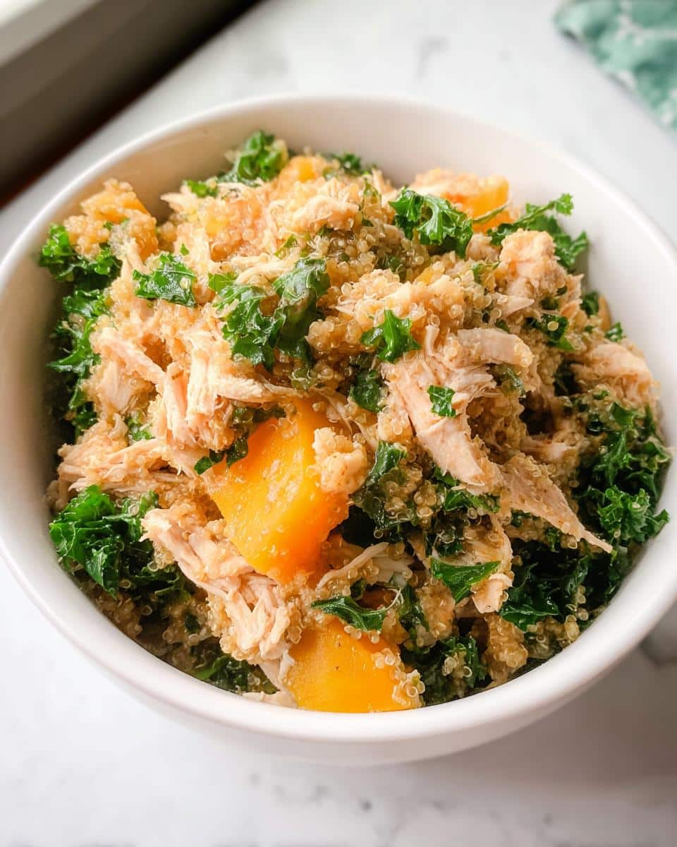 Close-up of Vet-Approved Chicken, Quinoa & Spinach Dog Food mix in a white bowl.