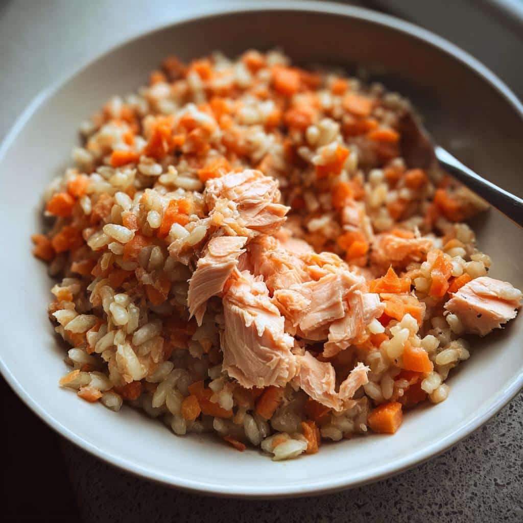 A close-up of a bowl containing Vet-Approved Salmon, Brown Rice & Carrot Dog Food mixture.