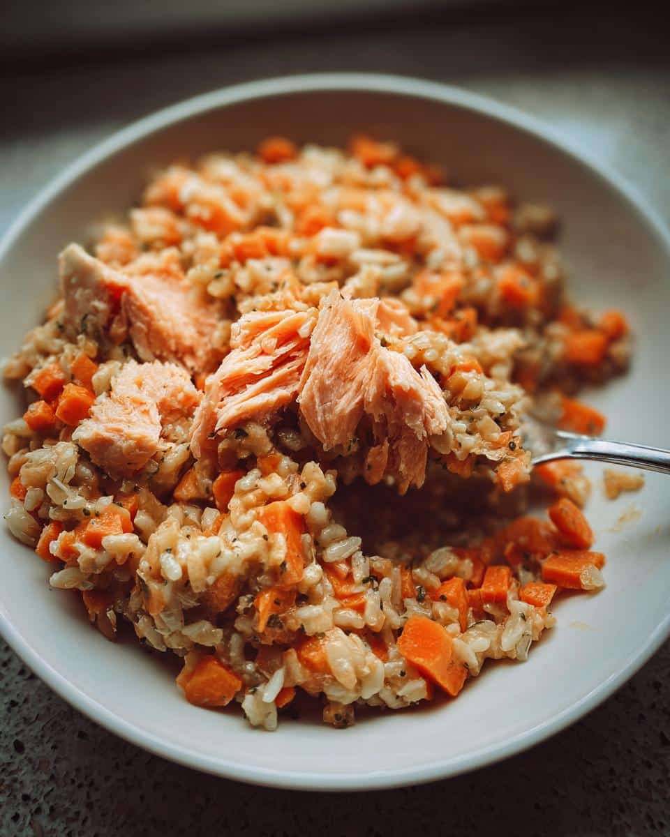 Close-up of Vet-Approved Salmon, Brown Rice & Carrot Dog Food mixture.