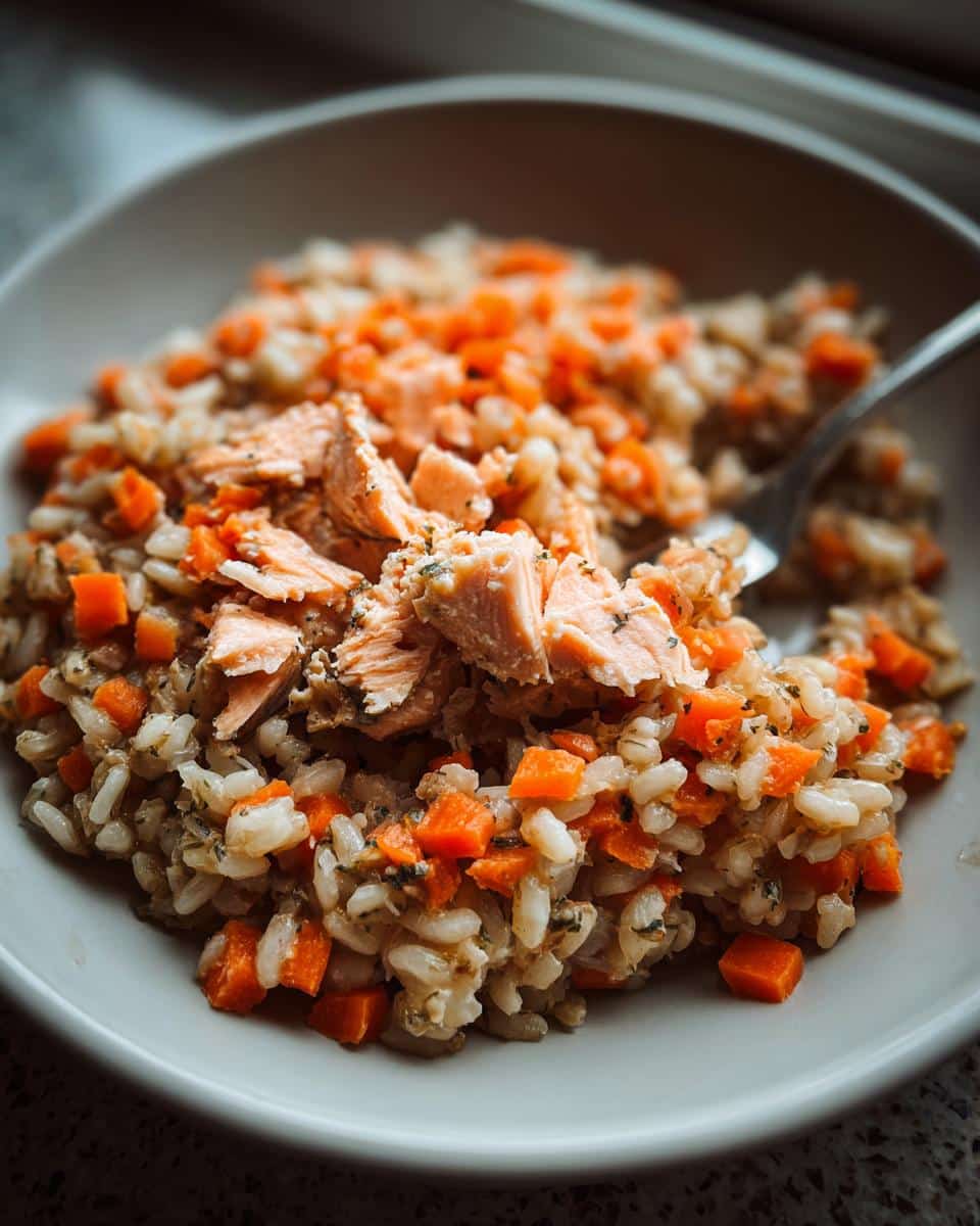 Close-up of Vet-Approved Salmon, Brown Rice & Carrot Dog Food mixture served in a light-colored bowl.