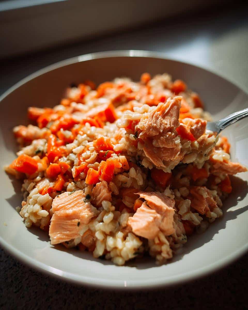 A close-up of a bowl containing Vet-Approved Salmon, Brown Rice & Carrot Dog Food, with a fork lifting a piece of salmon.