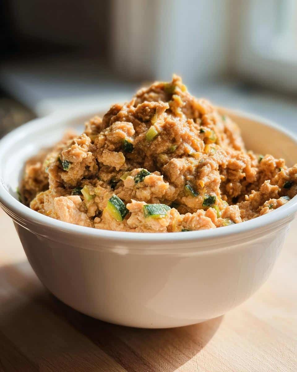Close-up of Vet-Approved Turkey, Barley & Zucchini Dog Food mixture in a white bowl.