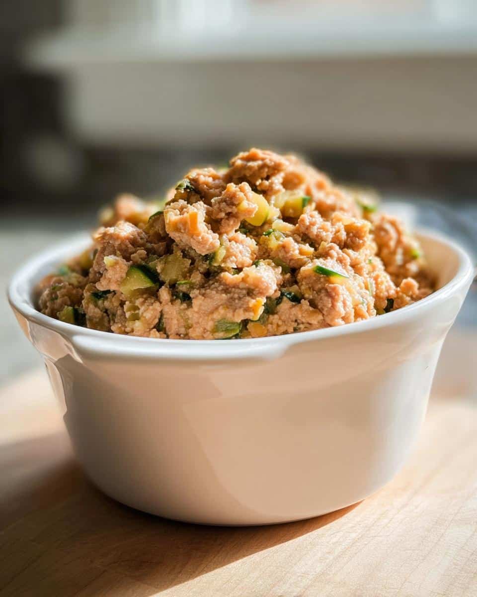 Close-up of Vet-Approved Turkey, Barley & Zucchini Dog Food in a white bowl.