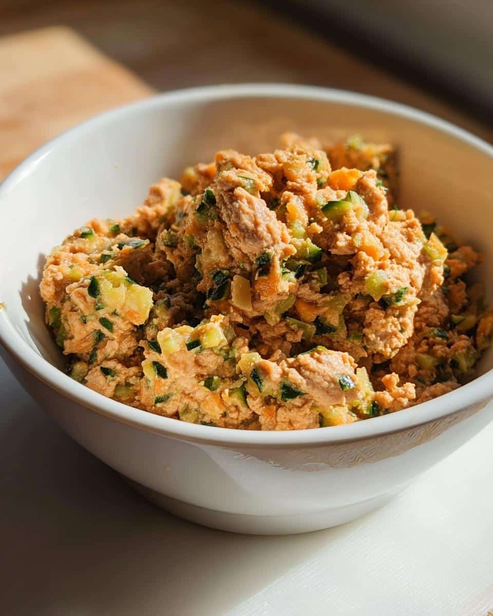 Close-up of Vet-Approved Turkey, Barley & Zucchini Dog Food mixture in a white bowl.