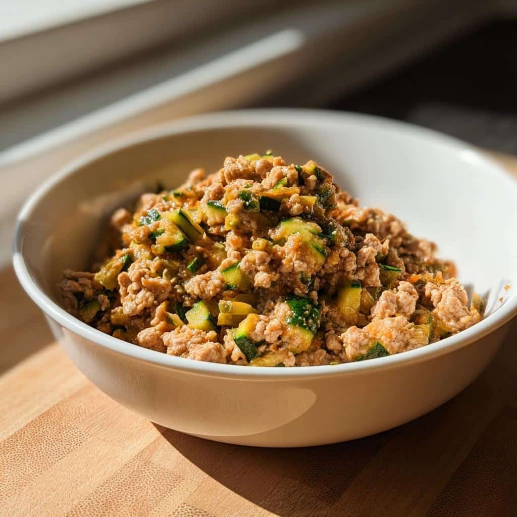 A white bowl filled with Vet-Approved Turkey, Barley & Zucchini Dog Food mixture, showing ground turkey and diced zucchini.