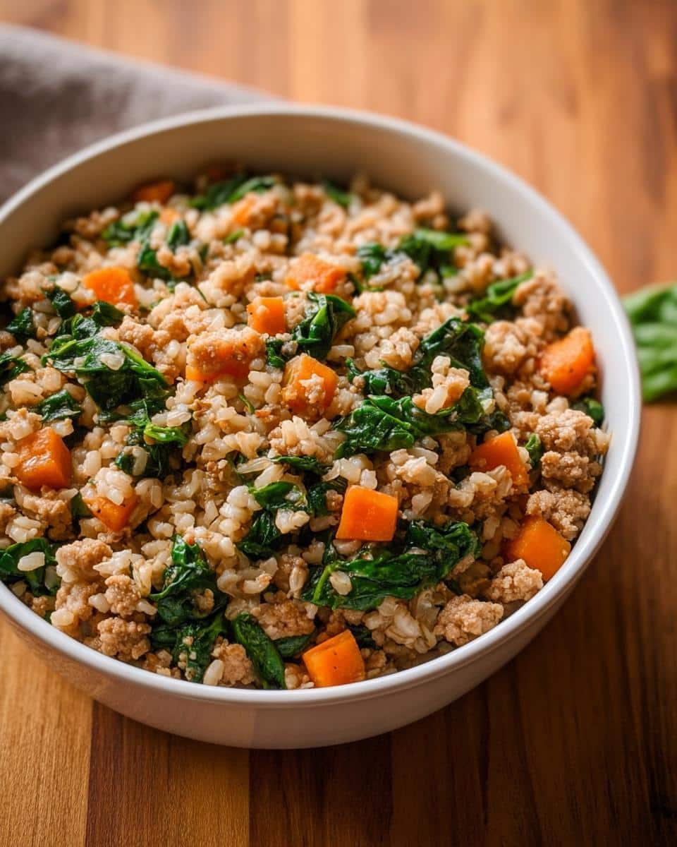 Close-up of Vet-Approved Turkey, Brown Rice & Broccoli Dog Food mix in a white bowl.