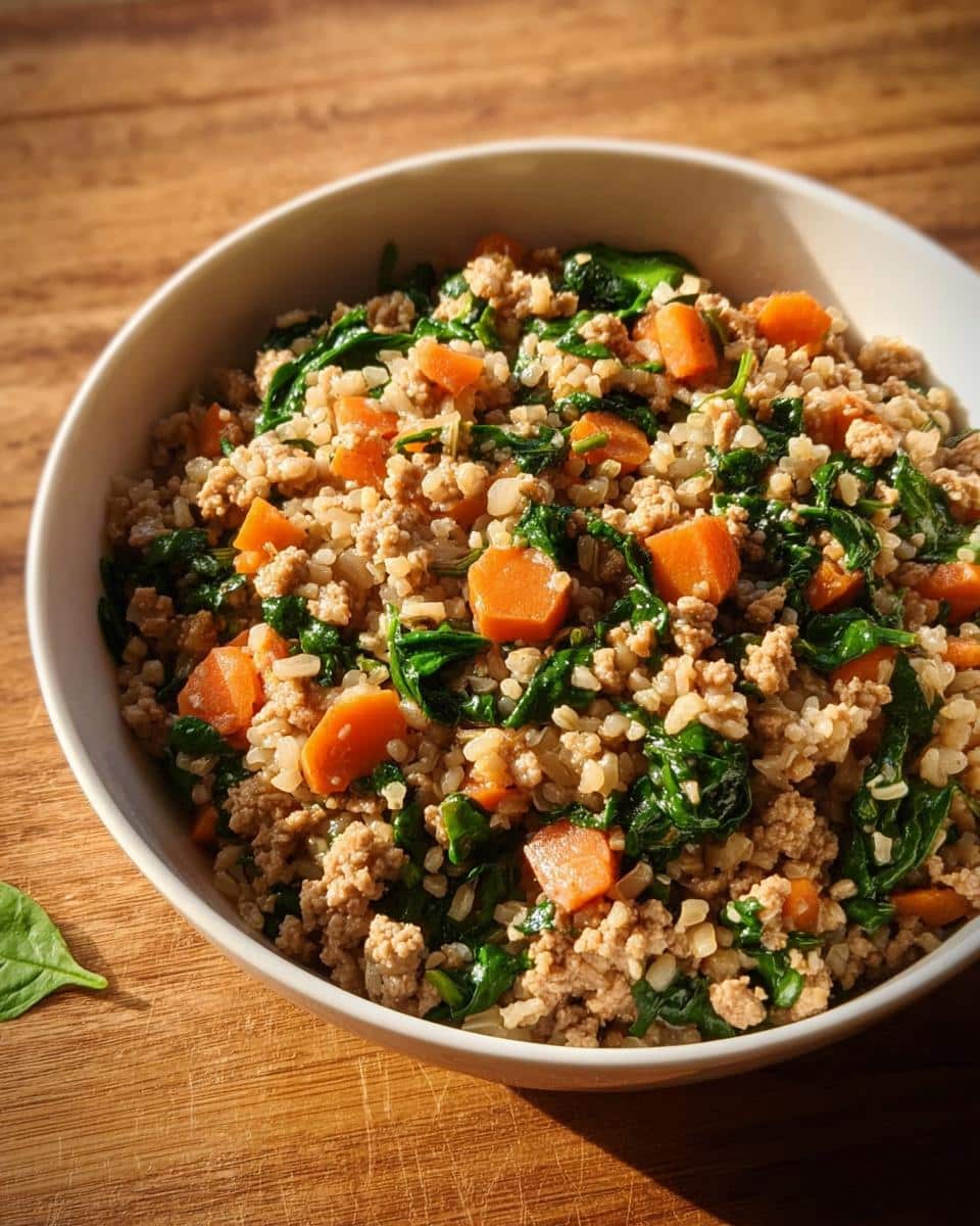 A white bowl filled with Vet-Approved Turkey, Brown Rice & Broccoli Dog Food, featuring ground turkey, brown rice, carrots, and spinach.